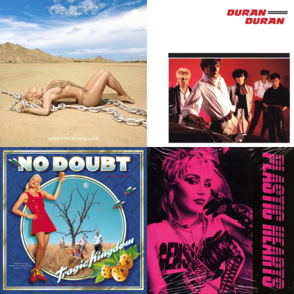 This image displays album covers of the artists I am featuring in the post, in this order: Britney Spears' Glory album, Duran Duran's Duran Duran album, No Doubt's Tragic Kingdom album and Miley Cyrus' Plastic Hearts album